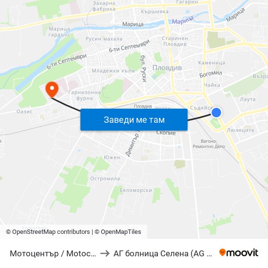 Мотоцентър / Motocentrum (258) to АГ болница Селена (AG bolnitsa Selena) map
