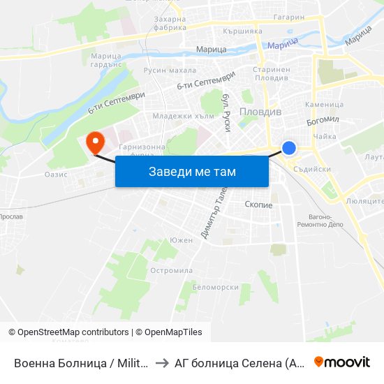 Военна Болница / Military Hospital (335) to АГ болница Селена (AG bolnitsa Selena) map