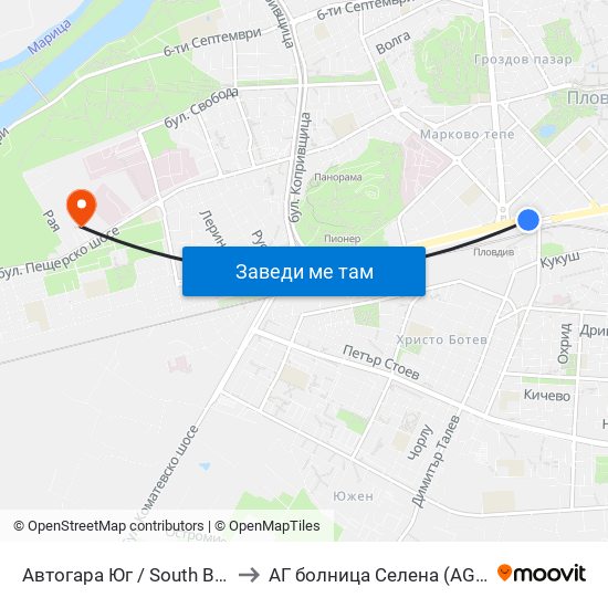 Автогара Юг / South Bus Station (187) to АГ болница Селена (AG bolnitsa Selena) map