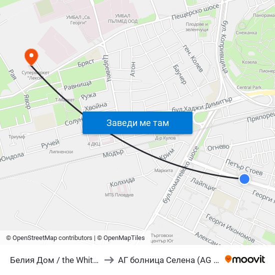 Белия Дом / the White House (201) to АГ болница Селена (AG bolnitsa Selena) map