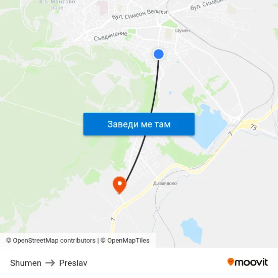 Shumen to Preslav map