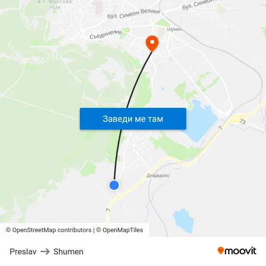 Preslav to Shumen map