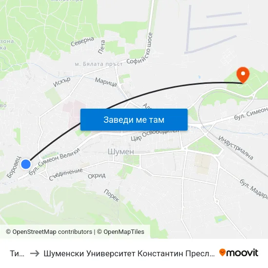 Тича to Шуменски Университет Константин Преславски map