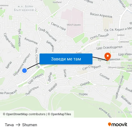 Тича to Shumen map