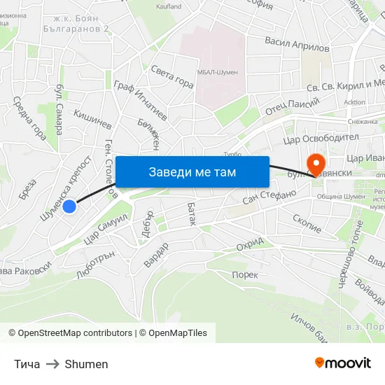 Тича to Shumen map