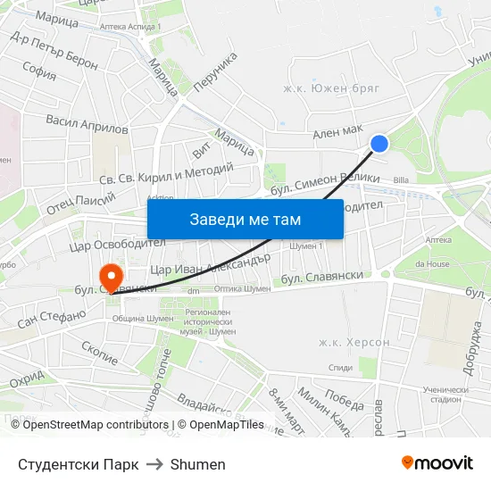 Студентски Парк to Shumen map