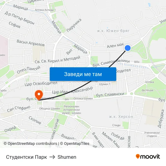 Студентски Парк to Shumen map