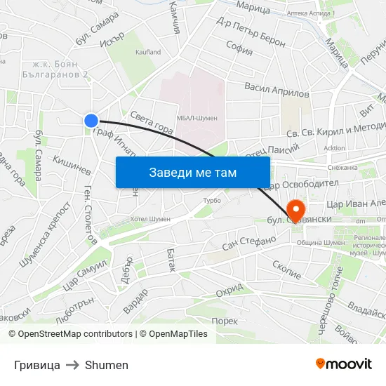 Гривица to Shumen map