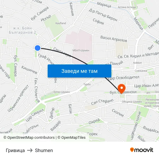 Гривица to Shumen map