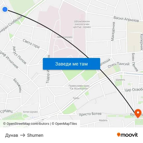 Дунав to Shumen map