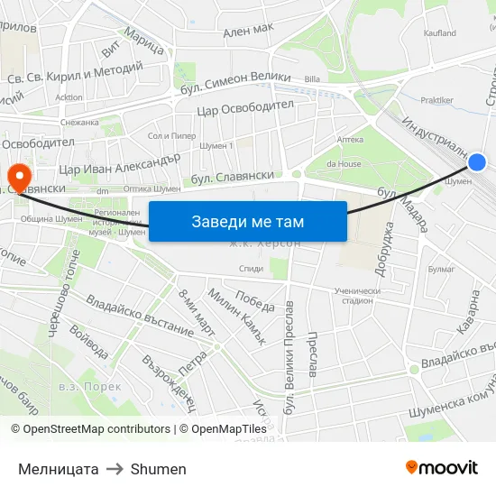 Мелницата to Shumen map