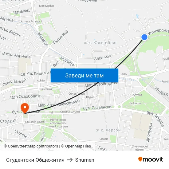 Студентски Общежития to Shumen map