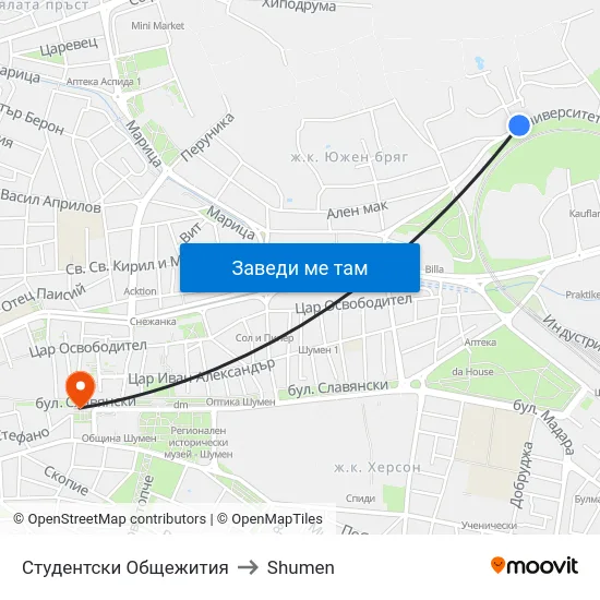 Студентски Общежития to Shumen map