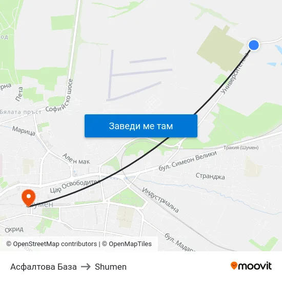 Асфалтова База to Shumen map