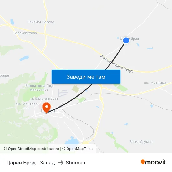 Царев Брод - Запад to Shumen map
