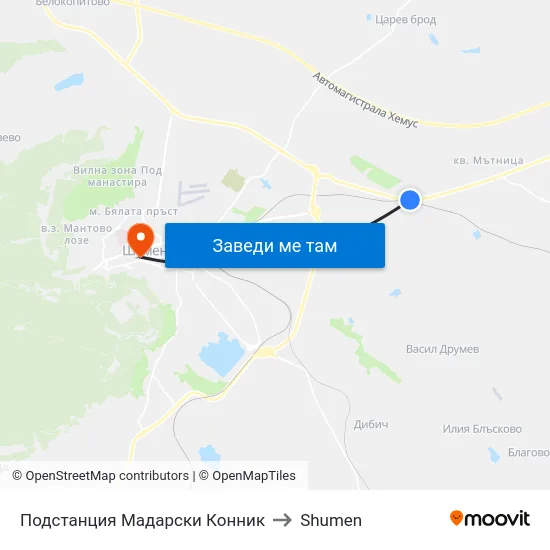 Подстанция Мадарски Конник to Shumen map