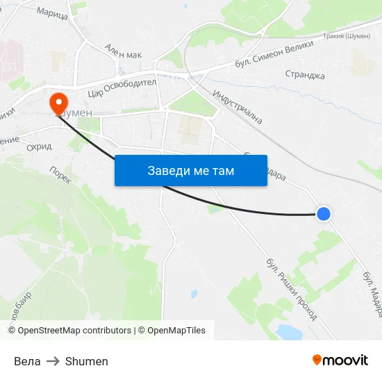 Вела to Shumen map