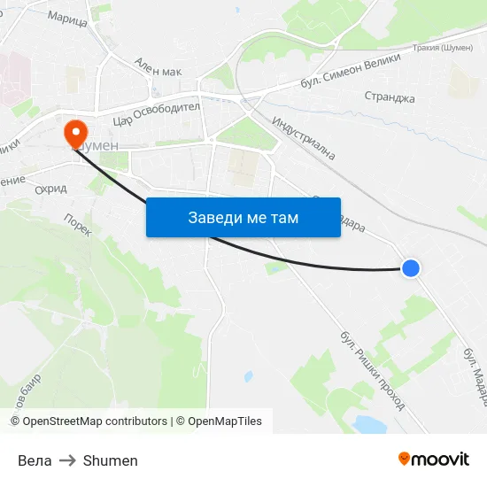Вела to Shumen map
