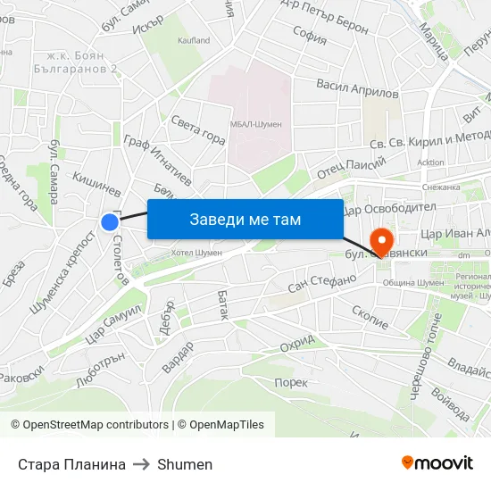 Стара Планина to Shumen map