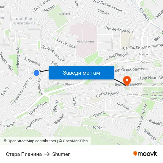 Стара Планина to Shumen map