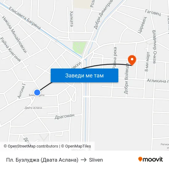 Пл. Бузлуджа (Двата Аслана) to Sliven map