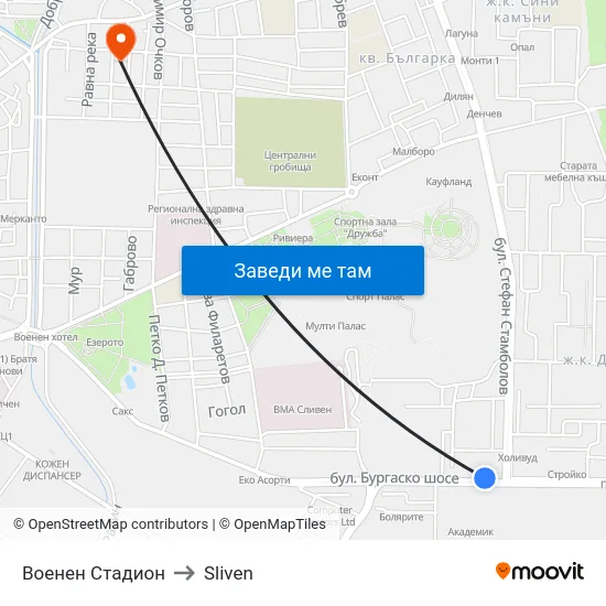 Военен Стадион to Sliven map