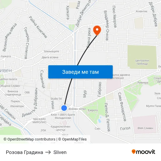 Розова Градина to Sliven map
