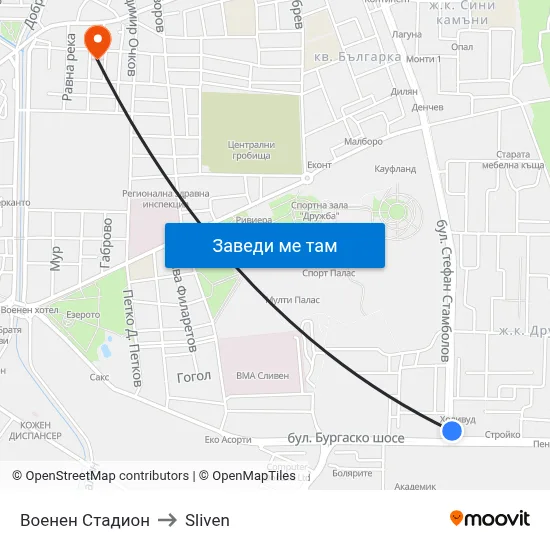 Военен Стадион to Sliven map