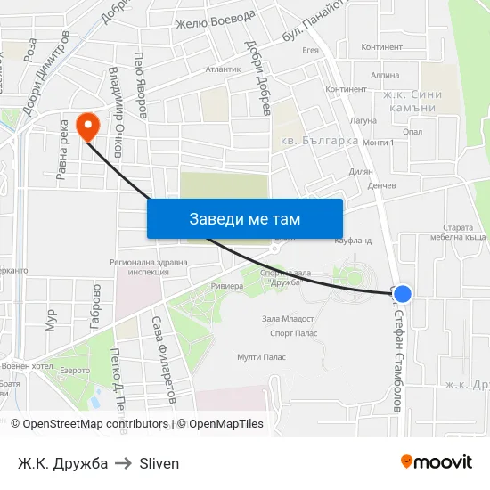 Ж.К. Дружба to Sliven map