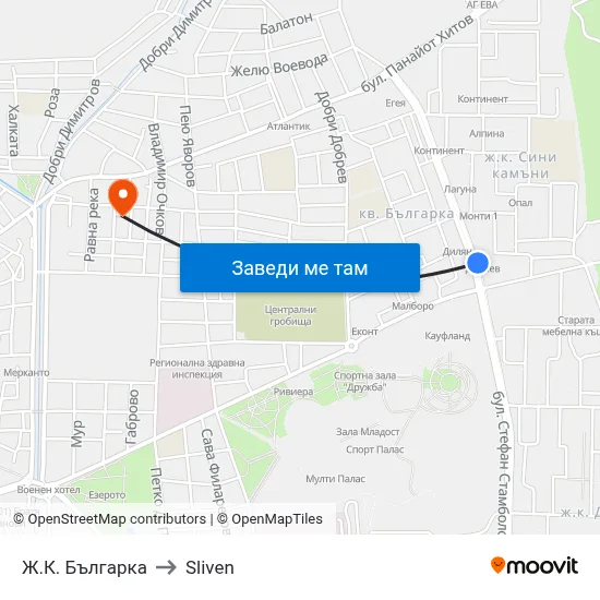 Ж.К. Българка to Sliven map
