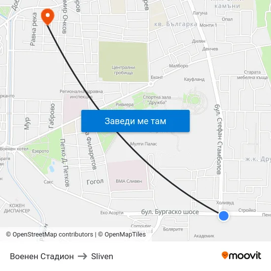 Военен Стадион to Sliven map
