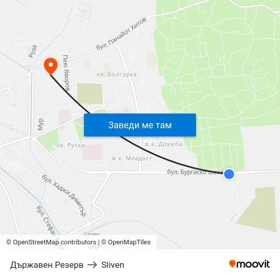 Държавен Резерв to Sliven map