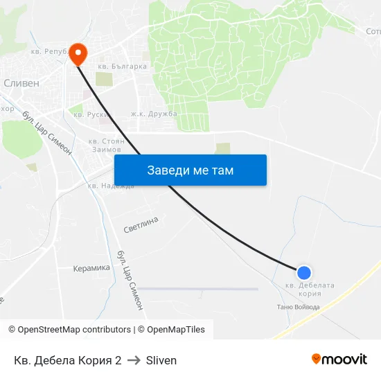 Кв. Дебела Кория 2 to Sliven map