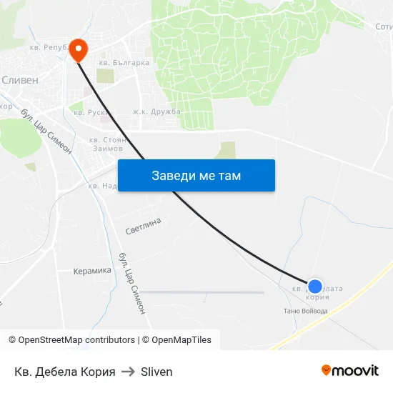 Кв. Дебела Кория to Sliven map
