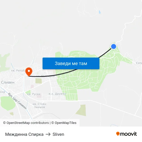 Междинна Спирка to Sliven map