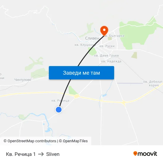 Кв. Речица 1 to Sliven map