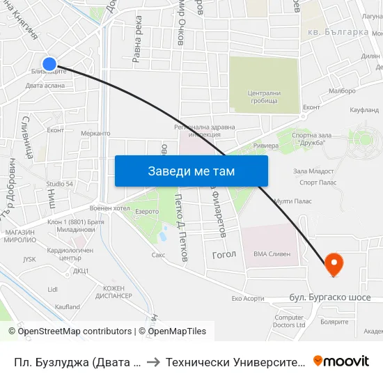 Пл. Бузлуджа (Двата Аслана) to Технически Университет - София map