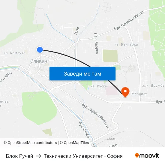 Блок Ручей to Технически Университет - София map