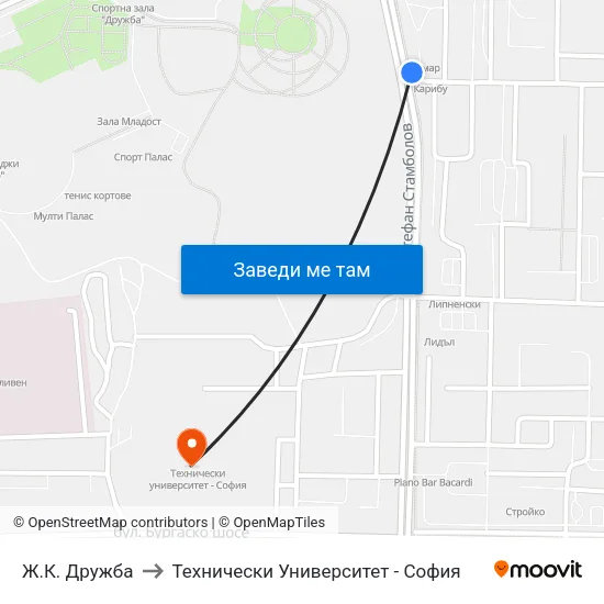 Ж.К. Дружба to Технически Университет - София map