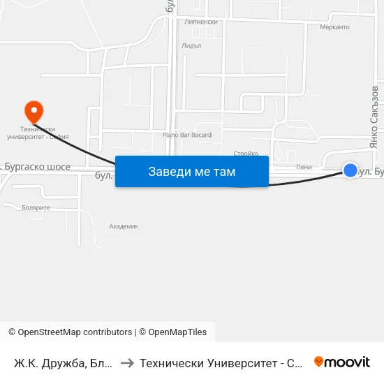 Ж.К. Дружба, Бл. 36 to Технически Университет - София map