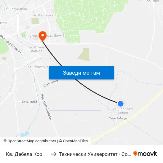 Кв. Дебела Кория 2 to Технически Университет - София map