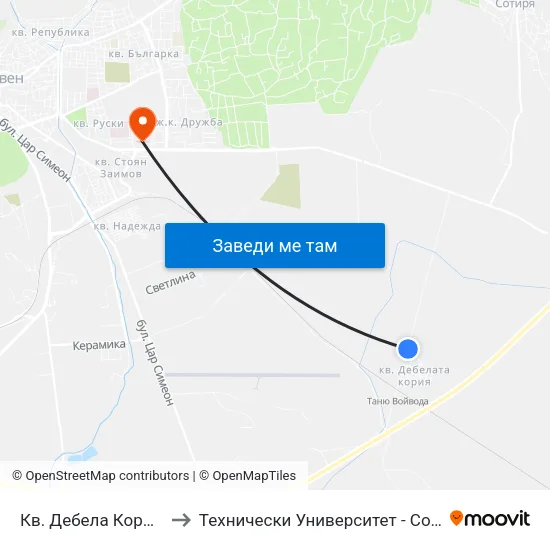Кв. Дебела Кория 2 to Технически Университет - София map