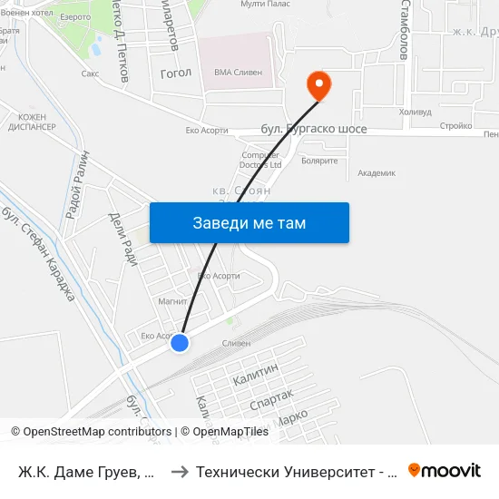 Ж.К. Даме Груев, Бл. 11 to Технически Университет - София map