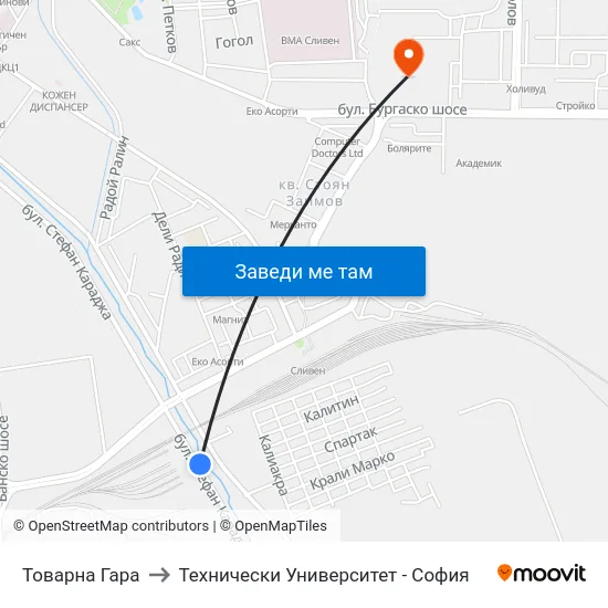 Товарна Гара to Технически Университет - София map