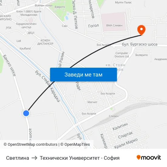 Светлина to Технически Университет - София map