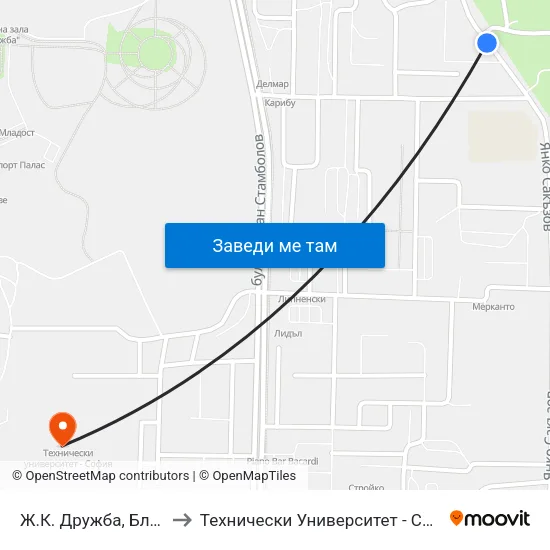 Ж.К. Дружба, Бл. 39 to Технически Университет - София map