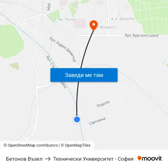 Бетонов Възел to Технически Университет - София map