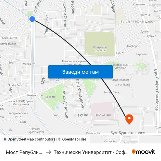 Мост Република to Технически Университет - София map