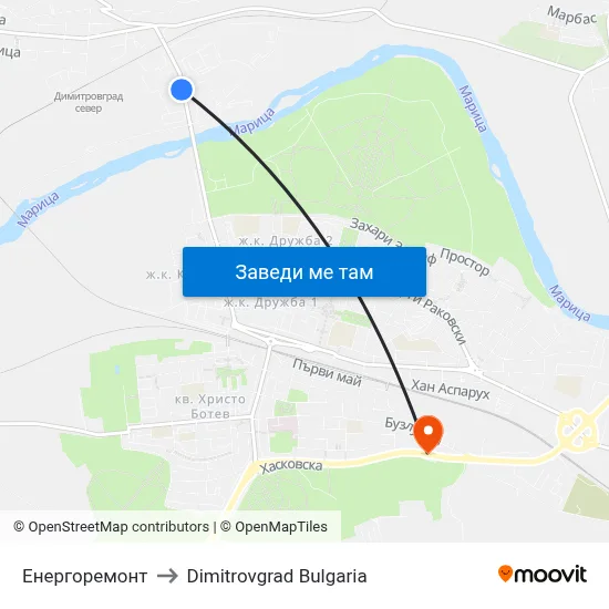 Енергоремонт to Dimitrovgrad Bulgaria map