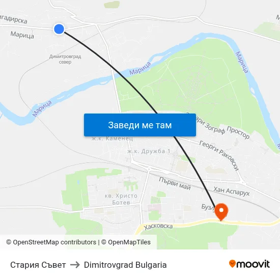 Стария Съвет to Dimitrovgrad Bulgaria map